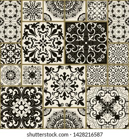 Seamless patchwork tile with Islam, Arabic, Indian, Ottoman motifs. Majolica pottery tile. Portuguese and Spain decor. Ceramic tile in talavera style. Vector illustration