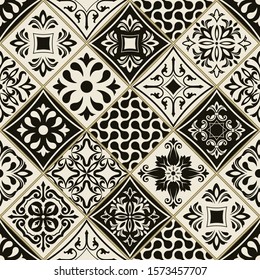Seamless patchwork tile with Islam, Arabic, Indian, Ottoman motifs. Majolica pottery tile. Portuguese and Spain decor. Ceramic tile in talavera style. Vector illustration
