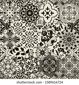 Seamless patchwork tile with Islam, Arabic, Indian, ottoman motifs. Majolica pottery tile. Portuguese and Spain decor. Gaudi mosaic. Ceramic tile in talavera style. Vector illustration