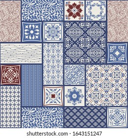 Seamless patchwork tile with Islam, Arabic, Indian, Ottoman motifs. Majolica pottery tile. Portuguese and Spain decor. Azulejos. Ceramic tile in talavera style. Vector illustration
