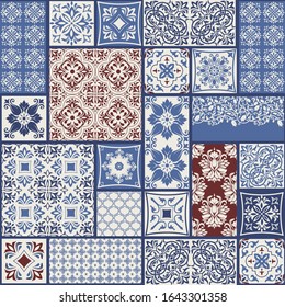 Seamless patchwork tile with Islam, Arabic, Indian, Ottoman motifs. Majolica pottery tile. Portuguese and Spain decor. Azulejos. Ceramic tile in talavera style. Vector illustration
