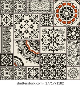 Seamless patchwork tile with Islam, Arabic, Indian, Ottoman motifs. Majolica pottery tile. Portuguese and Spain decor. Ceramic tile in talavera style. Vector illustration