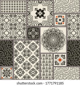 Seamless patchwork tile with Islam, Arabic, Indian, Ottoman motifs. Majolica pottery tile. Portuguese and Spain decor. Ceramic tile in talavera style. Vector illustration