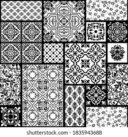 Seamless patchwork tile with Islam, Arabic, Indian, Ottoman motifs in black and white. Majolica pottery tile. Portuguese and Spain decor. Ceramic tile in talavera style. Vector illustration
