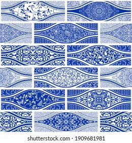 Seamless patchwork tile with Islam, Arabic, Indian, Ottoman motifs. Majolica pottery tile. Portuguese and Spain decor in blue and white. Ceramic tile in talavera style. Vector illustration