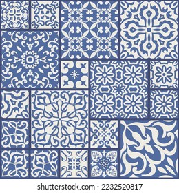 Seamless patchwork tile with Islam, Arabic, Indian, ottoman motifs in blue and white. Majolica pottery tile. Portuguese and Spain decor. Ceramic tile in talavera style. Vector illustration.