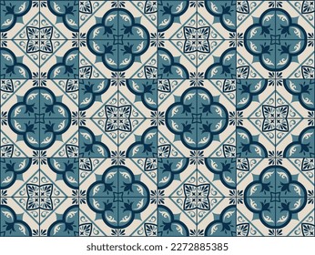 Seamless patchwork tile with Islam, Arabic, Indian, ottoman motifs. Majolica pottery tile. Portuguese and Spain decor. Ceramic tile in talavera style. Vector illustration.