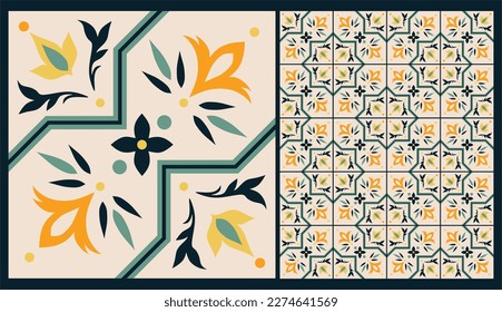 Seamless patchwork tile with Islam, Arabic, Indian, ottoman motifs. Majolica pottery tile.  Ceramic tile in talavera style. Vector illustration.