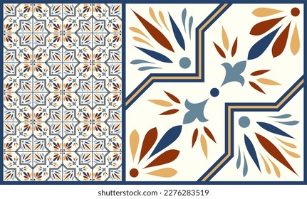 Seamless patchwork tile with Islam, Arabic, Indian, ottoman motifs. Majolica pottery tile.  Ceramic tile in talavera style. Vector illustration.