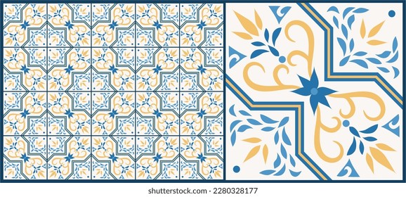 Seamless patchwork tile with Islam, Arabic, Indian, ottoman motifs. Majolica pottery tile. Ceramic tile in talavera style. Vector illustration.