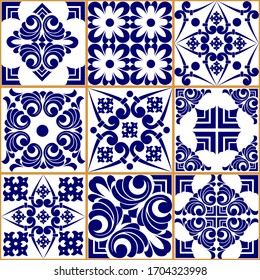 Baldosa sin problemas. Baldosa de cerámica mallónica. Decoración portuguesa y española. Baldosa cerámica al estilo talavera. Ilustración vectorial.  Patrón de mosaico sin fisuras con adorno geométrico y floral