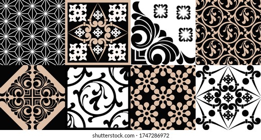 Baldosa de mosaico sin problemas. Baldosas de cerámica mallónica. Decoración portuguesa y española. Baldosa cerámica de estilo talavera. Ilustración vectorial.  Resumen de patrones de mosaico sin fisuras con ornamento geométrico y floral