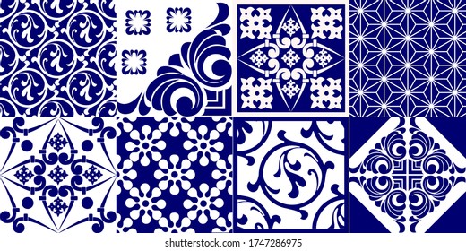 Seamless patchwork tile. Majolica pottery tile. Portuguese and Spain decor. Ceramic tile in talavera style. Vector illustration.  Abstract seamless patchwork pattern with geometric and floral ornament