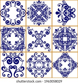 Seamless patchwork tile. Majolica pottery tile. Portuguese and Spain decor. Ceramic tile in talavera style. Vector illustration.  Abstract seamless patchwork pattern with geometric and floral ornament