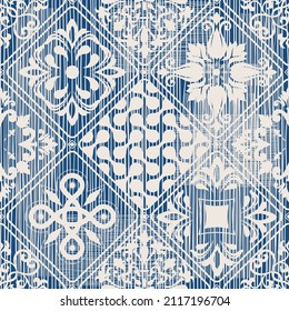 Seamless patchwork tile on mottled texture background. Islam, Arabic, Indian, Victorian motifs. Majolica pottery tile. Portuguese and Spain decor. Ceramic tile in talavera style. Vector illustration