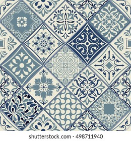 Seamless patchwork tile with Victorian motifs in retro colors. Vector illustration.