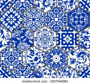 Seamless patchwork tile with Victorian motives. Majolica pottery tile, blue and white azulejo, original traditional Portuguese and Spain decor. vector