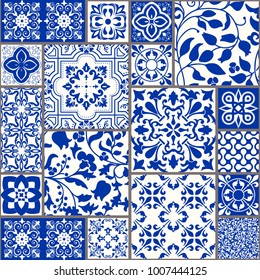 Seamless patchwork tile with Victorian motives. Majolica pottery tile, blue and white azulejo, original traditional Portuguese and Spain decor. vector