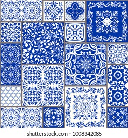 Seamless patchwork tile with Victorian motives. Majolica pottery tile, blue and white azulejo, original traditional Portuguese and Spain decor. vector