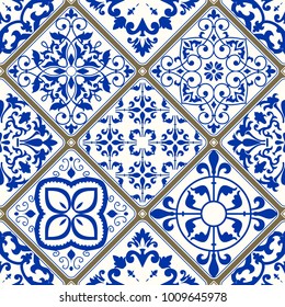 Seamless patchwork tile with Victorian motives. Majolica pottery tile, blue and white azulejo, original traditional Portuguese and Spain decor. vector
