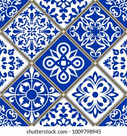 Seamless patchwork tile with Victorian motives. Majolica pottery tile, blue and white azulejo, original traditional Portuguese and Spain decor. Vector illustration.