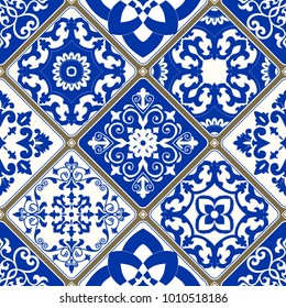 Seamless patchwork tile with Victorian motives. Majolica pottery tile, blue and white azulejo, original traditional Portuguese and Spain decor. Vector illustration