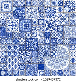 Seamless patchwork tile with Victorian motives. Majolica pottery tile, blue and white azulejo, original traditional Portuguese and Spain decor. Vector illustration.