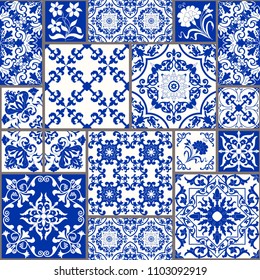 Seamless patchwork tile with Victorian motives. Majolica pottery tile, blue and white azulejo, original traditional Portuguese and Spain decor. vector illustration