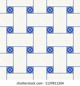 Seamless patchwork tile with Victorian motives. Majolica pottery tile, blue and white azulejo, original traditional Portuguese and Spain decor. Vector illustration