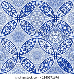 Seamless patchwork tile with Victorian motives. Majolica pottery tile, blue and white azulejo, original traditional Portuguese and Spain decor. Vector illustration