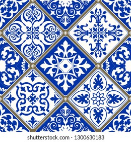 Seamless patchwork tile with Victorian motives. Majolica pottery tile, blue and white azulejo, original traditional Portuguese and Spain decor. Vector illustration.