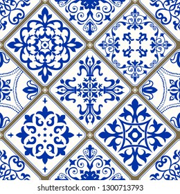 Seamless patchwork tile with Victorian motives. Majolica pottery tile, blue and white azulejo, original traditional Portuguese and Spain decor. Vector illustration.
