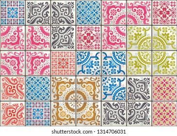Seamless patchwork tile with Victorian motives. Majolica pottery tile, colored azulejo, original traditional Portuguese and Spain decor. Trend illustration for print wallpaper, fabric, paper and more
