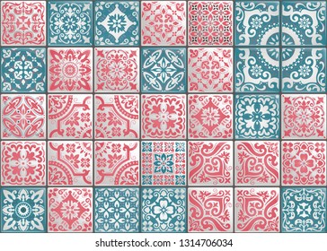 Seamless patchwork tile with Victorian motives. Majolica pottery tile, colored azulejo, original traditional Portuguese and Spain decor. Trend illustration for print wallpaper, fabric, paper and more