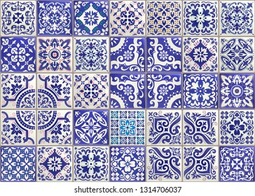 Seamless patchwork tile with Victorian motives. Majolica pottery tile, colored azulejo, original traditional Portuguese and Spain decor. Trend illustration for print wallpaper, fabric, paper and more