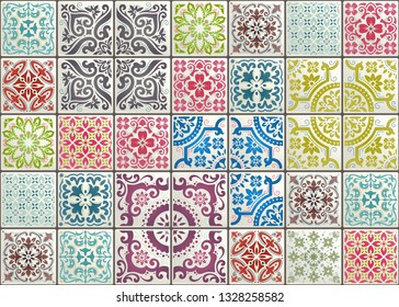 Baldosa de patchwork sin costuras con motivos victorianos. Azulejo de cerámica de mayólica, azulejo de colores, decoración original tradicional portuguesa y española. Ilustración de tendencia para Fondo de pantalla impreso, tela, papel y más