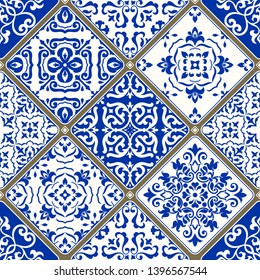 Seamless patchwork tile with Victorian motives. Majolica pottery tile, blue and white azulejo, original traditional Portuguese and Spain decor. Vector illustration.