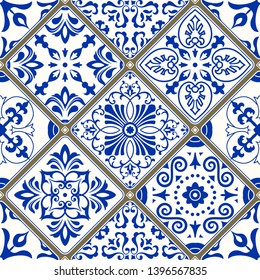 Seamless patchwork tile with Victorian motives. Majolica pottery tile, blue and white azulejo, original traditional Portuguese and Spain decor. Vector illustration.