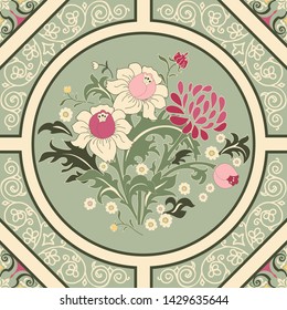  Seamless patchwork tile with Victorian motives.  Seamless vintage pattern with flowers. Antique Victorian wall tile. Hand drawn Vector illustration