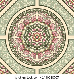  Seamless patchwork tile with Victorian motives.  Seamless vintage pattern with floral mandala. Antique Victorian wall tile. Hand drawn Vector illustration