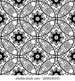 Seamless patchwork tile with Victorian motives. Majolica pottery tile, black and white azulejo, original traditional Portuguese and Spain decor. Vector illustration