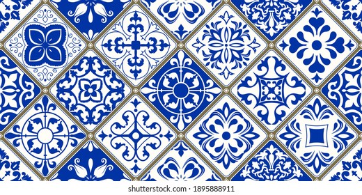 Seamless patchwork tile with Victorian motives. Majolica pottery tile, blue and white azulejo, original traditional Portuguese and Spain decor. Vector illustration.