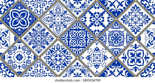 Seamless patchwork tile with Victorian motives. Majolica pottery tile, blue and white azulejo, original traditional Portuguese and Spain decor. Vector illustration.