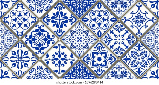 Seamless patchwork tile with Victorian motives. Majolica pottery tile, blue and white azulejo, original traditional Portuguese and Spain decor. Vector illustration.