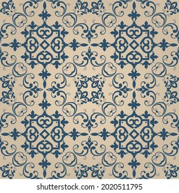Baldosa sin foco con motivos victorianos. Baldosas de cerámica mallica, azulejos azules y blancos, decoración original tradicional portuguesa y española. Ilustración del vector