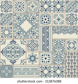 seamless patchwork tile with Victorian motives in blue and beige