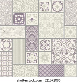 seamless patchwork tile with Victorian motives in grey and violet