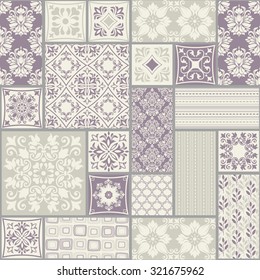 seamless patchwork tile with Victorian motives in grey and violet