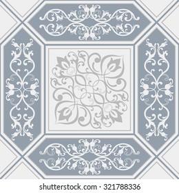 seamless patchwork tile with Victorian motives in blue and grey