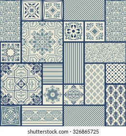 nahtlose Fliese mit viktorianischen Motiven in Blau und Beige